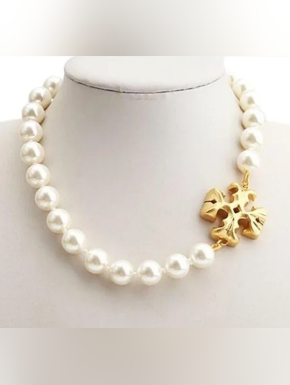 Tory Burch Cream Pearl Necklace with Gold Floral Accent